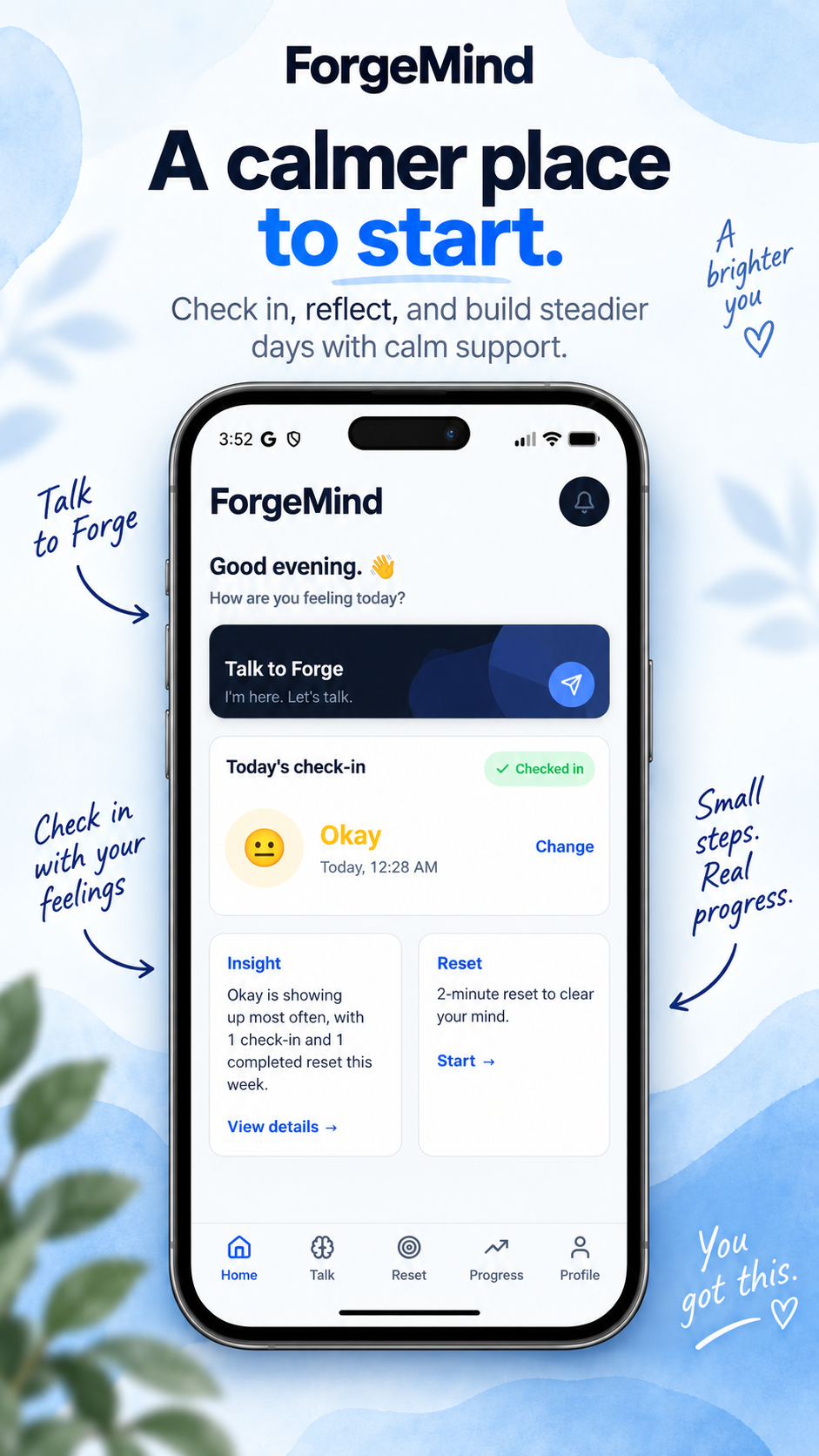 ForgeMind Home screen showing a daily check-in and quick access to Talk to Forge