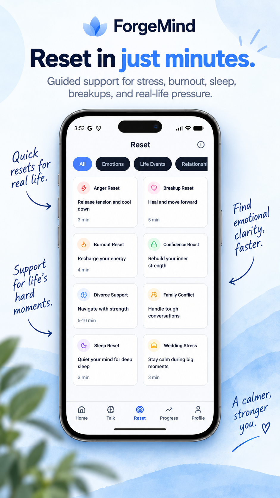 ForgeMind Reset screen showing short guided exercises for life's pressures